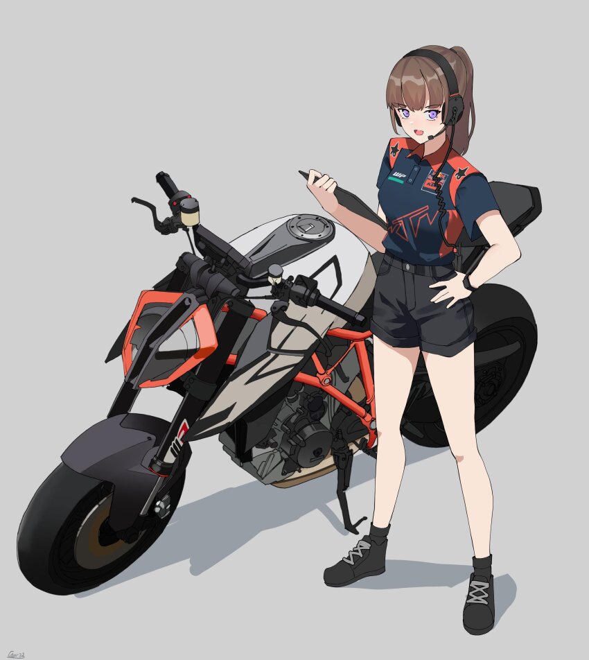 1girl absurdres black_footwear black_shorts black_socks brown_hair gar32 grey_background hand_on_own_hip headset highres looking_at_viewer motor_vehicle motorcycle open_mouth original ponytail purple_eyes shadow short_shorts shorts signature socks solo standing watch wristwatch