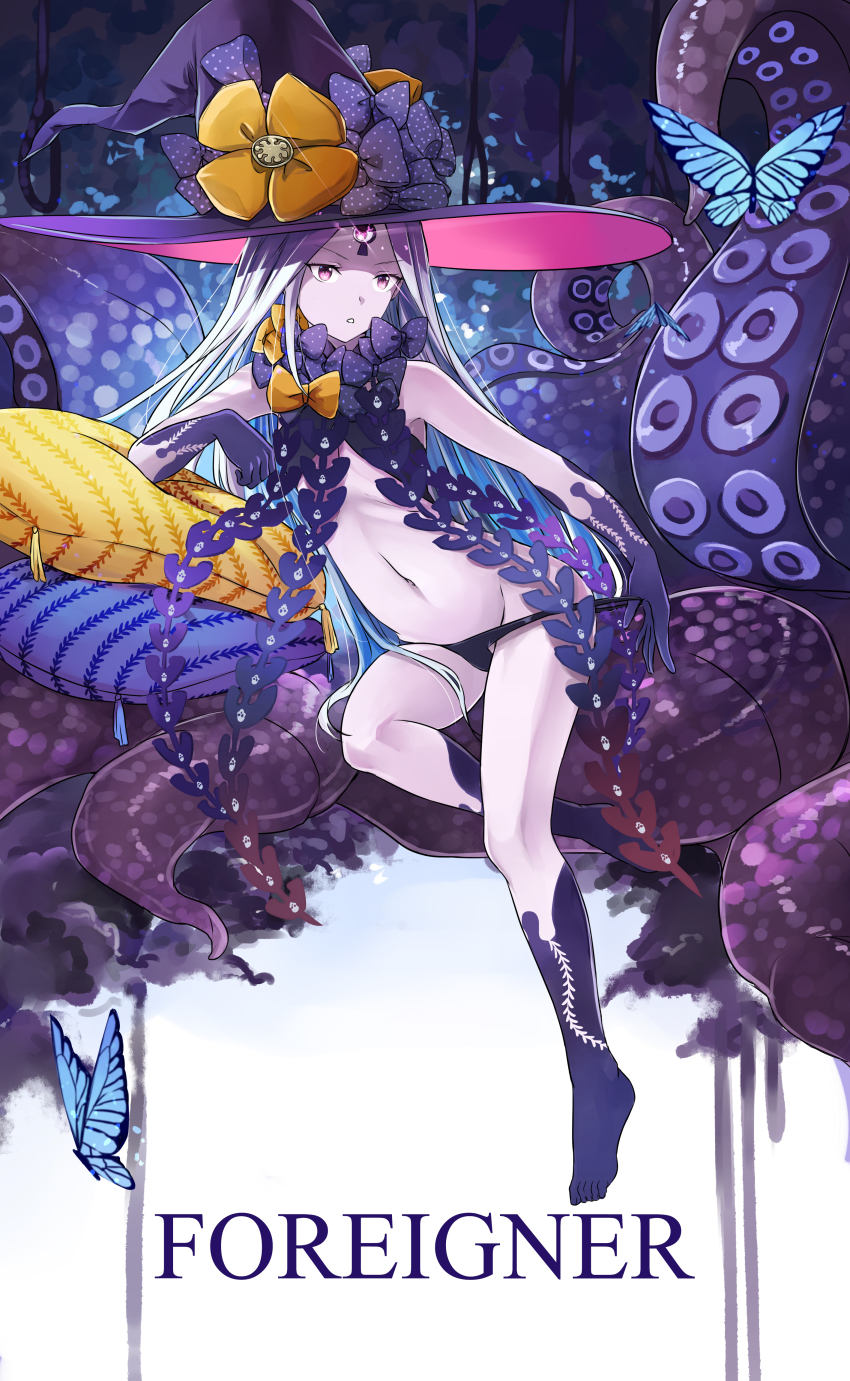 1girl abigail_williams_(fate) abigail_williams_(third_ascension)_(fate) absurdres bare_legs black_bow black_panties bow bug butterfly corruption dark_persona english_text fate/grand_order fate_(series) female_focus grey_hair hat highres insect jeffrey10 keyhole legs long_hair midriff navel orange_bow pale_skin panties panty_pull pillow pink_eyes polka_dot polka_dot_bow possessed possession sitting solo tentacles third_eye underwear very_long_hair witch_hat yog-sothoth