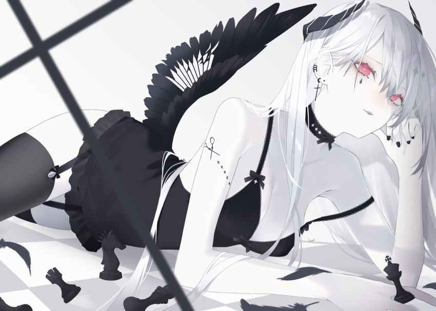 1girl absurdres bare_shoulders bishop_(chess) black_choker black_dress black_horns black_nails black_ribbon black_thighhighs breasts chess_piece choker cleavage closed_mouth colored_skin commentary_request cross cross-shaped_pupils cross_earrings demon_horns dress ear_piercing earrings elbow_rest garter_straps hand_on_own_face head_rest highres horns jewelry king_(chess) knight_(chess) kotarou_(kot_mochi) large_breasts latin_cross looking_at_viewer lying mark_under_eye nail_polish on_side open_mouth original piercing red_eyes ribbon rook_(chess) scissor_tattoo short_dress smile solo strap_slip stud_earrings symbol-shaped_pupils teardrop_facial_mark thighhighs white_skin