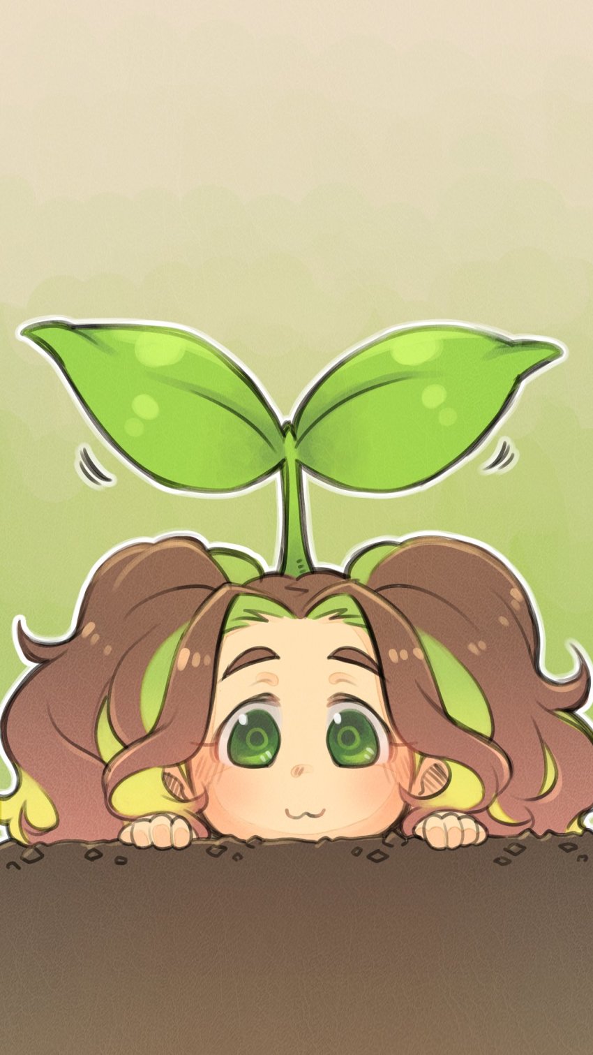 :3 blush brown_hair commentary_request enuma_(uma-festival) gradient_background green_eyes green_hair head highres idolmaster idolmaster_cinderella_girls kusakabe_wakaba leaf long_hair looking_at_viewer multicolored_hair solo sprout_on_head thick_eyebrows two-tone_hair wavy_hair