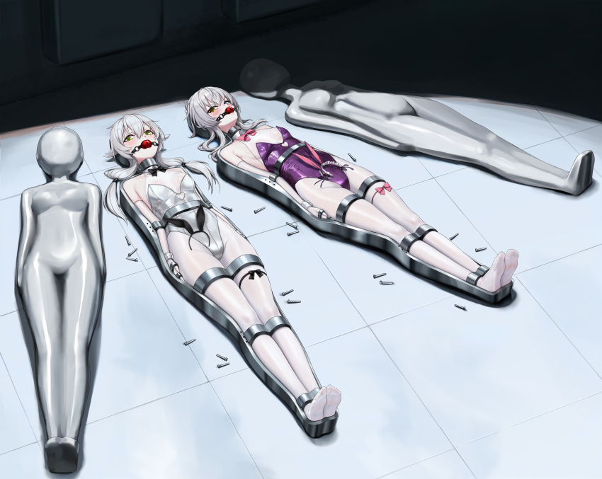 2girls absurdres animal_ear_hairband animal_ears arms_at_sides ball_gag bdsm black_bow black_bowtie blue_eyes bow bowtie breasts character_request check_copyright copyright_request detached_collar eiyuu_densetsu fake_animal_ears full_body gag gagged green_eyes grey_hair hairband hajimari_no_kiseki heterochromia highres immobilization kumachi_(aikawaakeya) leotard looking_at_viewer lying medium_breasts multiple_girls on_back on_floor pantyhose pink_bow pink_bowtie playboy_bunny purple_leotard rabbit_ears strapless strapless_leotard unworn_hairband variant_set white_leotard white_pantyhose wiffle_gag yellow_eyes