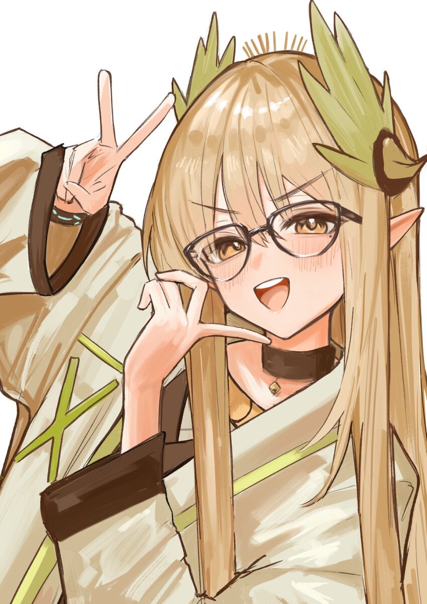 1girl :d arknights bespectacled black-framed_eyewear black_choker blush brown_eyes brown_hair choker coat commentary double_v elf glasses grey_coat ha_(huton_in_mach) hands_up highres infection_monitor_(arknights) laurel_crown long_hair looking_at_viewer muelsyse_(arknights) open_mouth pointy_ears portrait simple_background smile solo teeth upper_teeth_only v v-shaped_eyebrows white_background wide_sleeves