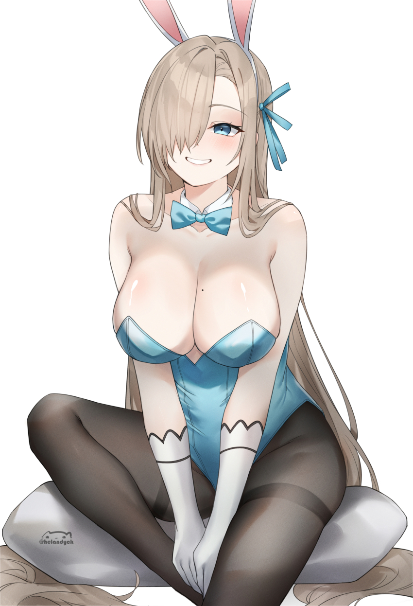 1girl absurdly_long_hair absurdres armpit_crease arms_at_sides artist_name asuna_(blue_archive) asuna_(bunny)_(blue_archive) asymmetrical_bangs between_legs black_pantyhose blue_archive blue_bow blue_bowtie blue_eyes blue_leotard blush bow bowtie breasts brown_hair cleavage collar collarbone commentary detached_collar feet_out_of_frame grin hair_over_one_eye hair_over_shoulder hand_between_legs helandyck highres large_breasts leotard long_bangs long_hair long_sidelocks mole mole_on_breast one_eye_covered pantyhose sidelocks simple_background sitting sitting_on_pillow smile solo thighband_pantyhose very_long_hair watermark white_background white_collar