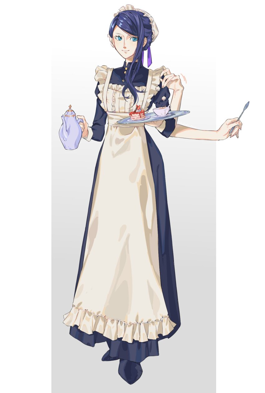 1girl apron blue_eyes dress extra_arms eyelashes full_body gradient_background gunjo_shizuko hair_bun hana_hana_no_mi hat highres holding holding_plate holding_spoon long_dress long_sleeves maid nico_robin one_piece plate single_sidelock smile solo spoon swept_bangs white_apron