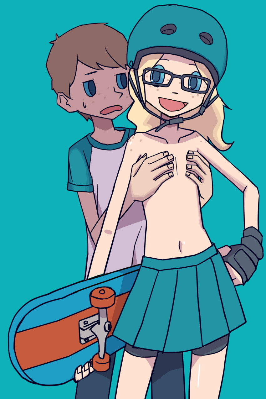 1boy 1girl :d bike_shorts bike_shorts_under_skirt blonde_hair blue_background blue_eyes body_freckles brother brother_and_sister brown_hair contrapposto covering_breasts covering_privates cowboy_shot facing_viewer flat_chest flat_chest_grab freckles glasses green_background hand_on_own_hip happy helmet hetero highres hotelblue kodomo_doushi loli madeline_(hotelblue) navel open_mouth original pleated_skirt raglan_sleeves shorts shorts_under_skirt shota siblings simple_background skateboard skirt smile standing sweatdrop topless_female