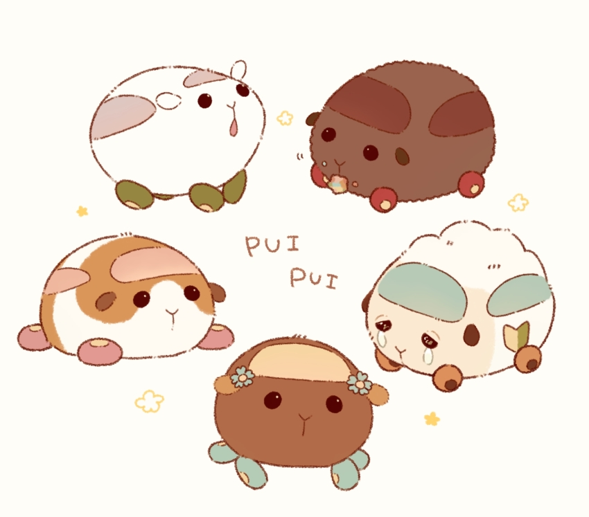 abbey_(pui_pui_molcar) animal_focus black_eyes blue_flower choco_(pui_pui_molcar) commentary_request crying crying_with_eyes_open eating flower fluffy food food_on_face guinea_pig half-closed_eyes highres looking_up lying moku_(mintchoco_310) molcar motor_vehicle no_humans on_stomach open_mouth potato_(pui_pui_molcar) pui_pui_molcar shiromo_(pui_pui_molcar) shoshinsha_mark simple_background star_(symbol) tears teddy_(pui_pui_molcar) trash wheel white_background