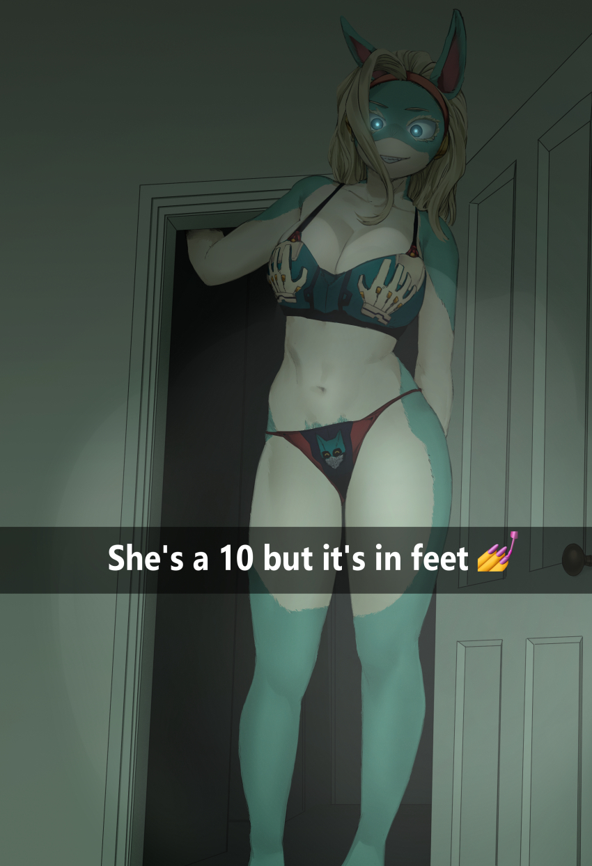 1girl absurdres amano44 animal_ears bikini blonde_hair blue_eyes blue_skin boku_no_hero_academia breasts character_print cleavage colored_skin door emoji english_text female_pubic_hair highres indoors ippan_josei large_breasts long_hair looking_at_viewer navel print_bikini pubic_hair pubic_hair_peek snapchat solo swimsuit tall_female white_skin