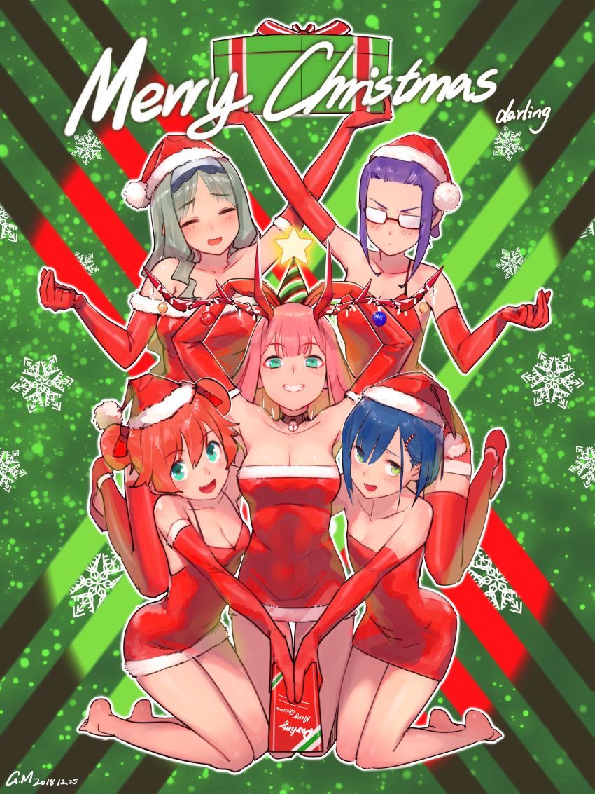 10s 5girls :d absurdres antlers aqua_eyes arm_up arms_up bare_shoulders barefoot bell blue_hair box chinese_commentary christmas christmas_ornaments closed_eyes collar collarbone commentary_request darling_in_the_franxx dated double_bun dress elbow_gloves eyes_visible_through_hair forehead fur-trimmed_dress fur-trimmed_headwear fur_trim gift gift_box glasses gloves gorgeous_mushroom green_eyes green_hair grin hair_bun hair_ornament hairclip hat heart_arms highres horns huge_filesize ichigo_(darling_in_the_franxx) ikuno_(darling_in_the_franxx) jingle_bell kneeling kokoro_(darling_in_the_franxx) long_hair looking_at_viewer merry_christmas miku_(darling_in_the_franxx) multiple_girls neck_bell open_mouth outstretched_arm party_hat pink_hair pom_pom_(clothes) purple_hair red_dress red_gloves red_hair red_hat santa_costume santa_dress santa_hat short_hair smile snowflakes star_(symbol) strapless strapless_dress thigh_gap v-shaped_eyebrows zero_two_(darling_in_the_franxx)
