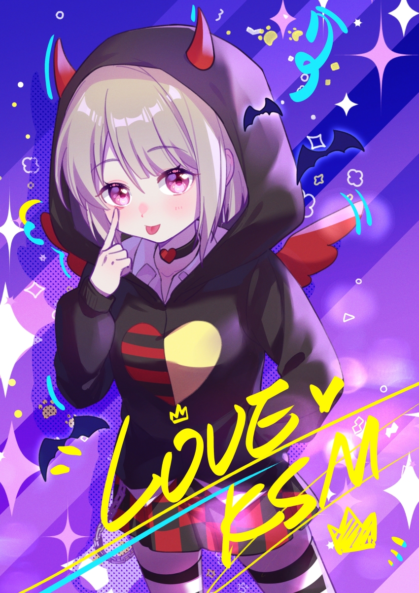 1girl :p absurdres akanbe asymmetrical_hair black_jacket blue_background bob_cut checkered_clothes checkered_skirt chinese_commentary choker collared_shirt commentary_request cowboy_shot dress_shirt eyelid_pull finger_to_eye grey_hair heart heart_choker highres hood hooded_jacket jacket long_sleeves looking_at_viewer love_live! love_live!_nijigasaki_high_school_idol_club miniskirt multiple_thigh_straps nakasu_kasumi pink_eyes purple_background red_skirt shirt short_hair skirt solo starringooo striped_background thigh_strap tongue tongue_out white_shirt