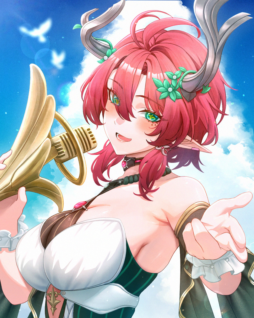 1girl aki_yama73 bare_shoulders blue_sky breasts ciaccona_(wuthering_waves) commentary_request day frilled_wrist_cuffs frills green_eyes hair_between_eyes highres holding holding_microphone large_breasts light_blush looking_at_viewer microphone mole mole_under_eye multiple_moles open_mouth outdoors pointy_ears red_hair short_hair sky smile solo tree_horns upper_body white_wrist_cuffs wrist_cuffs wuthering_waves