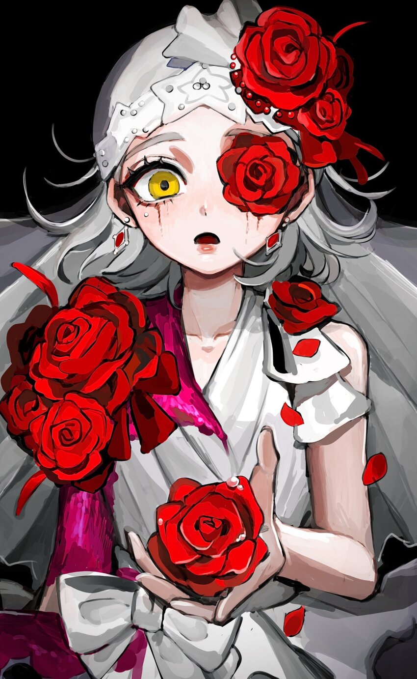 1girl :o black_background blood blood_on_arm blood_on_clothes bow dew_drop dress dress_flower earrings falling_petals flower flower_over_eye grey_hair hair_flower hair_ornament highres hoge_(n8sss) holding holding_flower identity_v jewelry lips looking_at_viewer makeup medium_hair official_alternate_costume petals pink_blood red_flower red_rose rose runny_makeup simple_background sleeveless sleeveless_dress solo straight-on upper_body veil vera_nair vera_nair_(crimson_bride) waist_bow water_drop white_bow white_dress yellow_eyes