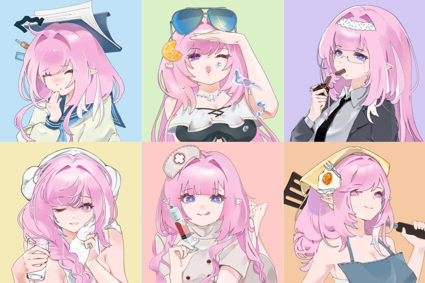 1girl :q ;o ^_^ apron bare_shoulders barefoot bead_necklace beads black_jacket black_necktie blue_apron blue_background blue_eyes blue_neckerchief blue_sailor_collar book book_on_head braid breasts chinese_commentary cleavage closed_eyes commentary cup drinking_glass egg_hair_ornament elysia_(honkai_impact) eyewear_on_head food food-themed_hair_ornament food_in_mouth green_background grin hair_intakes hair_ornament hairband hand_up hat headscarf highres holding holding_cup holding_spatula holding_syringe honkai_(series) honkai_impact_3rd jacket jewelry large_breasts long_hair long_sleeves looking_at_viewer mouth_hold multiple_views neckerchief necklace necktie nude nurse nurse_cap object_on_head one_eye_closed open_clothes open_jacket open_mouth orange_hair_ornament parted_lips pink_background pink_eyes pink_hair pink_pupils pointy_ears purple_background purple_eyes sailor_collar school_uniform serafuku shirt short_sleeves simple_background smile spatula sunglasses syringe thoyadoggy tongue tongue_out upper_body wafer white_hairband white_shirt yellow_background
