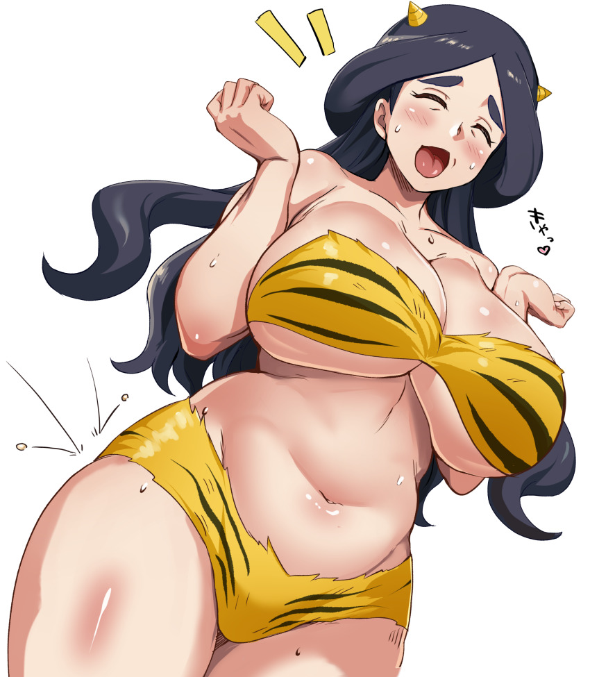 1girl absurdres bikini black_hair blush breasts closed_eyes cosplay curvy drasna_(pokemon) fake_horns highres horns huge_breasts long_hair lum lum_(cosplay) maki_ikazuya mature_female navel nintendo open_mouth paid_reward_available plump pokemon pokemon_xy simple_background solo stomach sweat swimsuit thick_eyebrows tongue urusei_yatsura very_sweaty white_background yellow_bikini