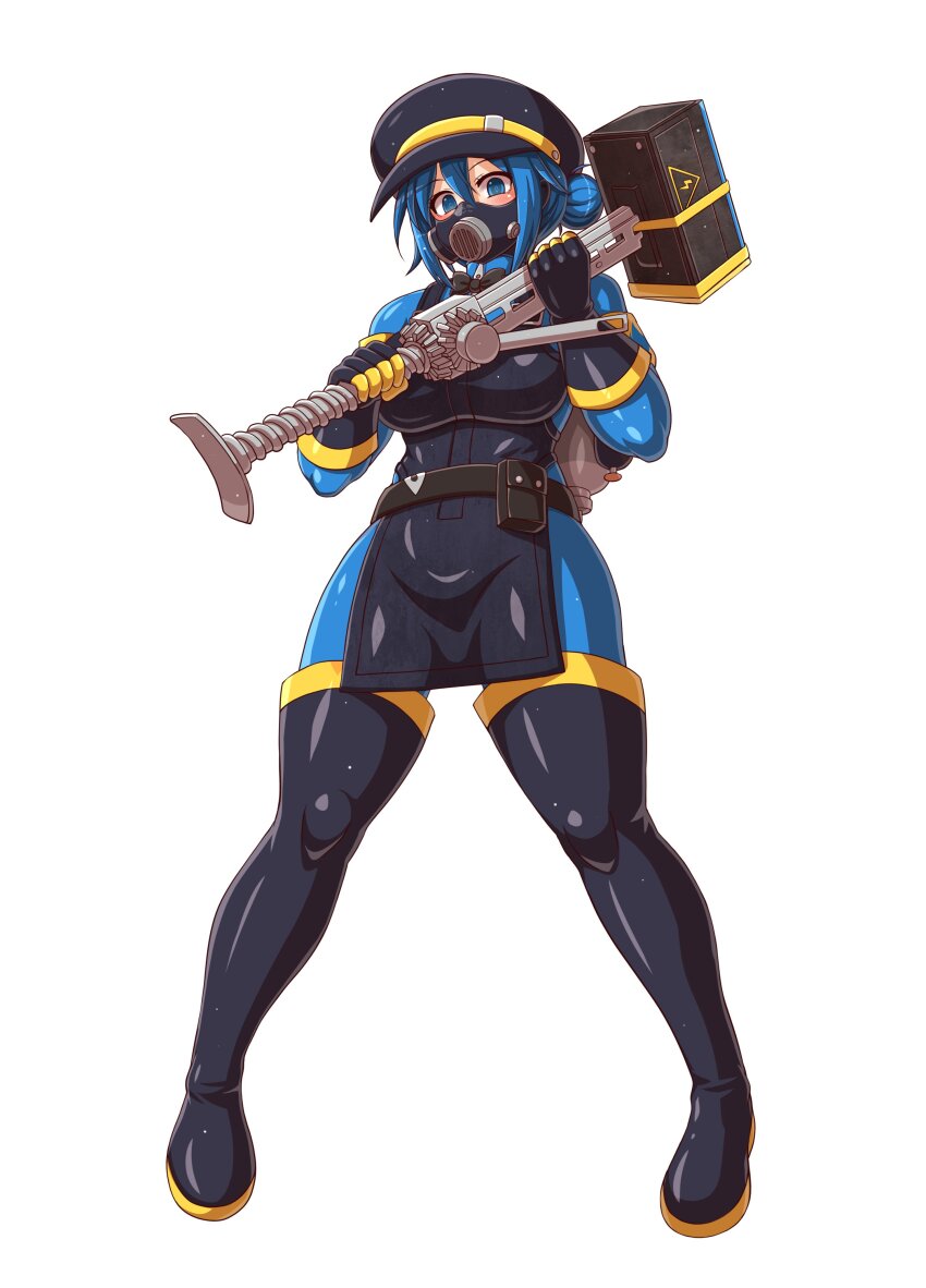 1girl absurdres apron black_apron black_boots black_gloves blu_pyro_(tf2) blue_hair bodysuit boots breasts commission emperpep full_body genderswap genderswap_(otf) gloves hair_bun highres holding holding_weapon large_breasts latex latex_bodysuit latex_gloves latex_legwear looking_at_viewer mask pyro_(tf2) respirator second-party_source simple_background solo team_fortress_2 thigh_boots weapon white_background
