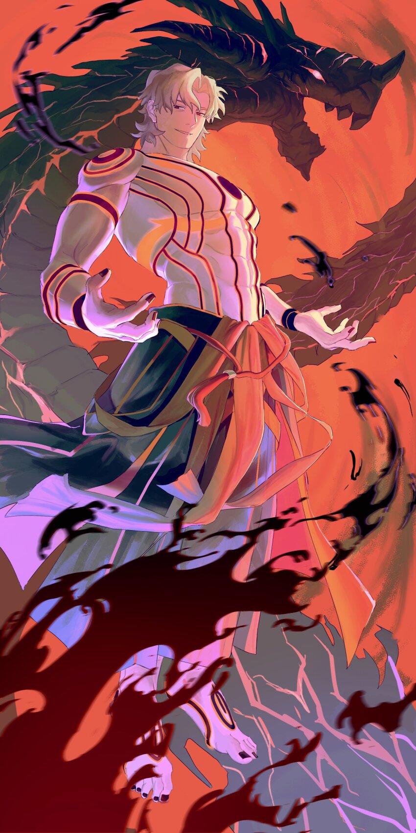 1boy 64kawa4 abs absurdres arms_at_sides body_markings dragon evil_smile fate/grand_order fate_(series) full_body grey_hair highres kotomine_kirei large_pectorals looking_at_viewer male_focus muscular muscular_male nail_polish no_nipples noble_phantasm_(fate) official_alternate_costume pectorals rasputin_(fate) rasputin_(third_ascension)_(fate) sideways_glance smile solo thick_eyebrows toenail_polish toenails topless_male tsurime umbrakinesis