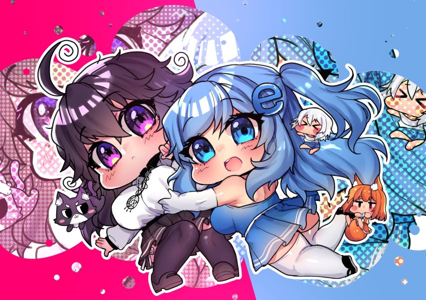 4girls animal_ears bing black_footwear black_hair black_legwear black_skirt blue_eyes blue_hair blue_skirt blush breasts cat crossed_arms eyes_visible_through_hair fox_ears fox_tail grabbing_another&#039;s_breast groping hair_between_eyes hair_ornament highres internet_explorer jewelry large_breasts long_hair mozilla_firefox multiple_girls necklace nyarla_(osiimi) open_mouth orange_hair original osiimi purple_eyes side_ponytail skirt tail thighhighs two-tone_background white_hair white_legwear zettai_ryouiki