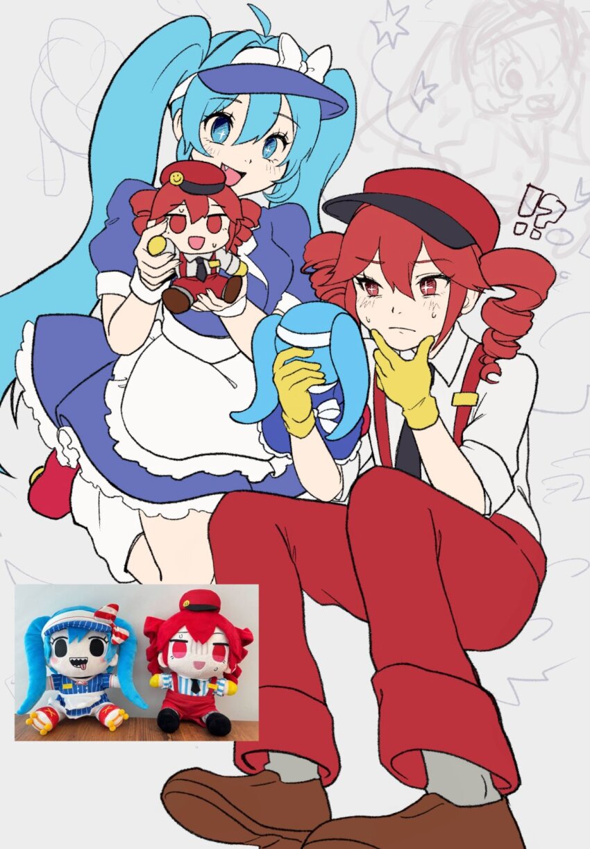 !? +_+ 2girls ahoge ankle_socks apron black_necktie blue_dress blue_eyes blue_hair brown_footwear character_doll closed_mouth collared_shirt dress drill_hair fang flower furry hair_between_eyes hatsune_miku highres kasane_teto layered_dress long_hair mesmerizer_(vocaloid) multiple_girls necktie open_mouth pants red_eyes red_flower red_hair red_pants shirt short_sleeves skates smiley_hat_ornament socks stuffed_toy sugarsicksugar suspenders sweat twin_drills twintails utau vocaloid waist_apron white_apron white_socks wing_collar