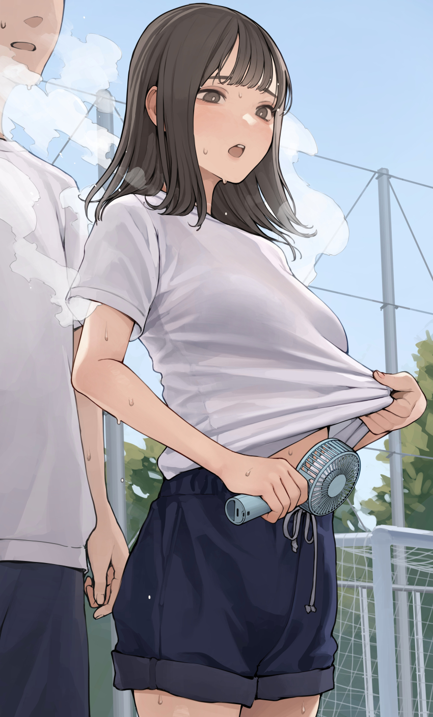 /bvtc 1boy 1girl absurdres blue_sky blush bra bra_visible_through_clothes breasts brown_hair clothes_pull commentary_request cowboy_shot electric_fan fanning_self goal gym_uniform hand_fan highres koh_(minagi_kou) medium_breasts medium_hair open_mouth original outdoors shirt_pull shorts sky soccer_field solo_focus steam steaming_body sweat tree underwear