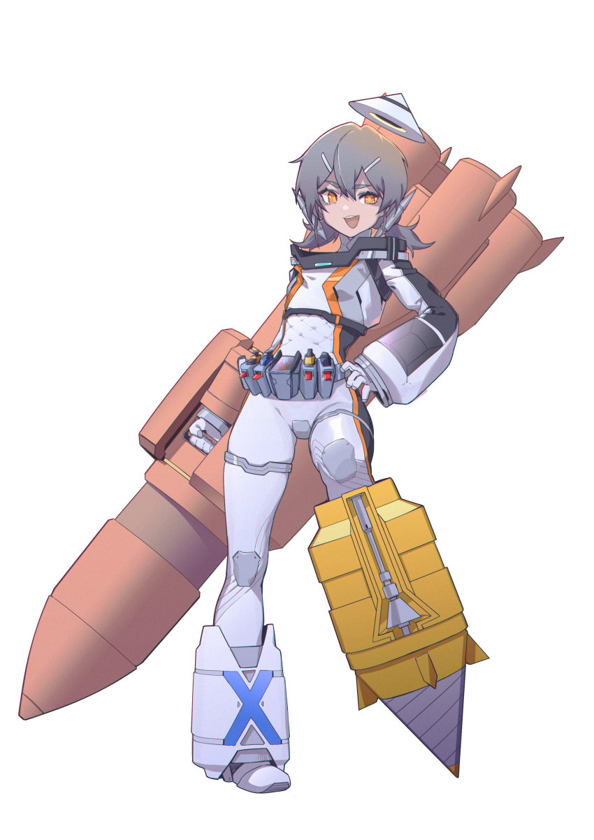 absurdres astro_switch belt black_hair commentary_request drill goz-zz hair_ornament hairclip highres kamen_rider kamen_rider_fourze kamen_rider_fourze_(series) open_mouth orange_eyes rider-tan rocket simple_background spacesuit twintails