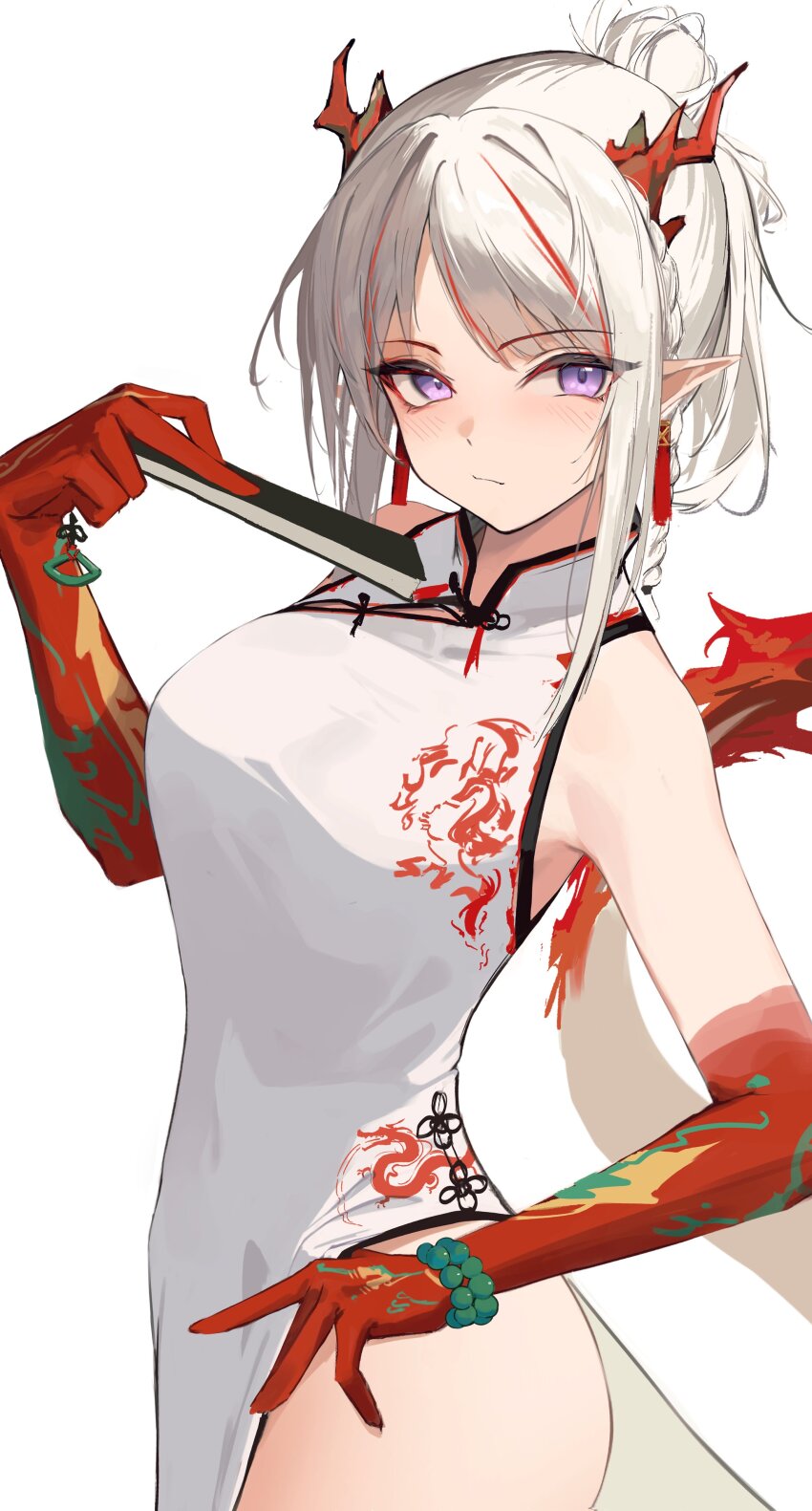 1girl absurdres arknights bead_bracelet beads blush bracelet breasts china_dress chinese_clothes closed_mouth colored_skin dragon_girl dragon_tail dress gradient_skin hand_fan highres holding holding_fan jewelry looking_at_viewer medium_breasts nekomatamago nian_(arknights) nian_(unfettered_freedom)_(arknights) official_alternate_costume pointy_ears purple_eyes red_skin solo tail white_dress