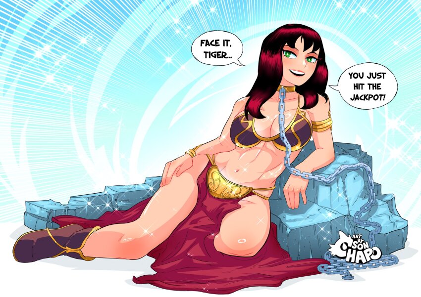 armlet artist_name boots breasts chain chain_leash cleavage collar cosplay emphasis_lines green_eyes hand_on_own_hip highres huttslayer_leia jewelry large_breasts leaning_on_object leash long_hair looking_at_viewer marvel mary_jane_watson metal_bikini metal_collar navel open_mouth princess_leia princess_leia_(cosplay) red_hair sonchapo sparkle speech_bubble spider-man_(series) star_wars star_wars:_return_of_the_jedi