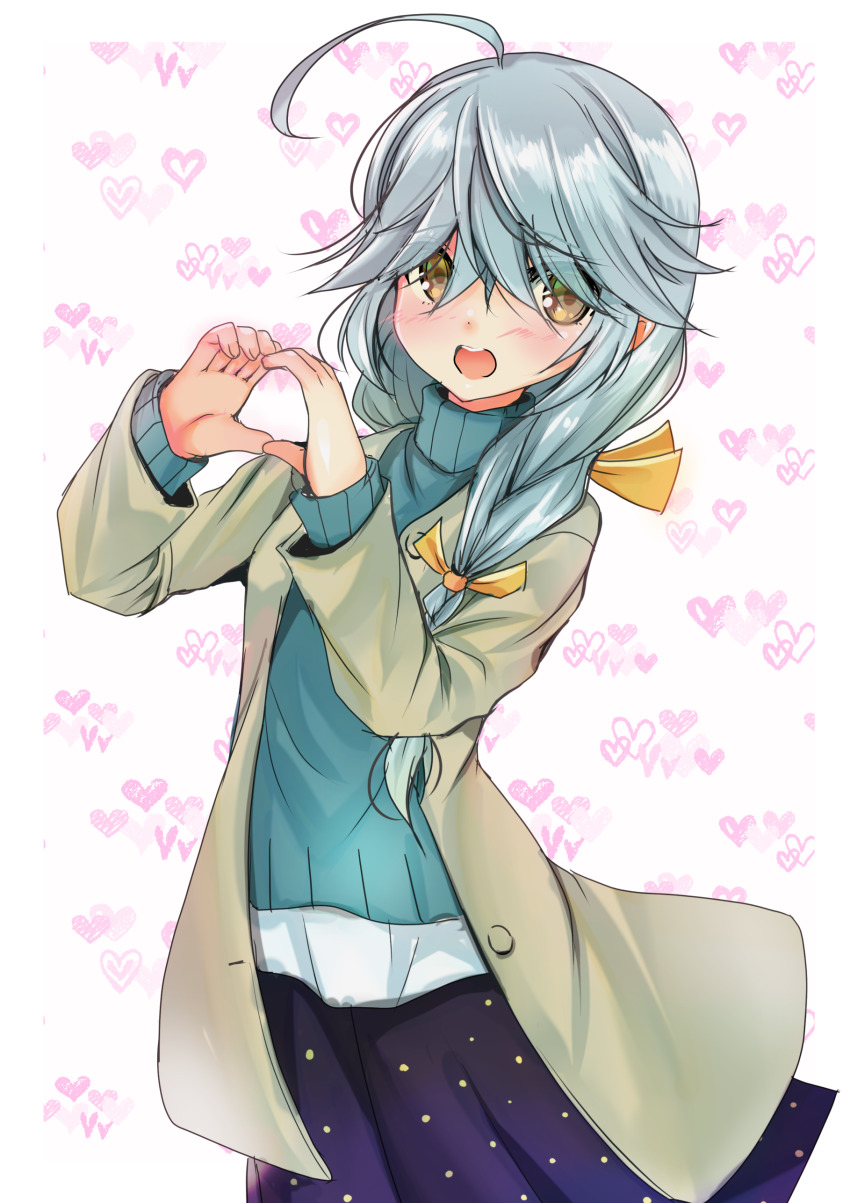 1girl absurdres ahoge alternate_costume beige_coat black_ribbon blue_skirt blue_sweater braid brown_eyes coat commentary_request grey_hair hair_over_eyes hair_ribbon hamanami_(kancolle) hamanami_(valentine)_(kancolle) heart heart_hands highres kantai_collection long_hair open_mouth polka_dot polka_dot_skirt ribbon round_teeth single_braid skirt smile solo sweater teeth upper_teeth_only white_background yashin_(yasinz)