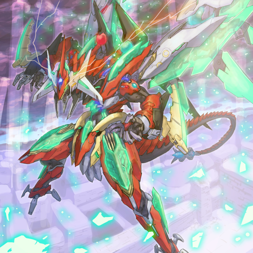 arm_blade armor dragon duel_monster electricity highres maxilax mecha mechanical_wings no_humans odd-eyes_pendulum_dragon open_mouth orb original robot solo tail weapon wings yu-gi-oh! yu-gi-oh!_arc-v