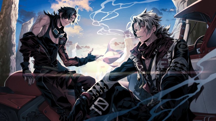 2boys alchemy_stars backlighting bandaid bandaid_on_face bandana belt black_gloves black_hair black_jacket black_pants blurry blurry_foreground car cigarette cloud earrings eyepatch facial_hair fingerless_gloves glint gloves goggles goggles_around_neck grey_hair heterochromia jacket jewelry jumpsuit long_hair looking_at_viewer male_focus motor_vehicle multiple_boys necklace outdoors pants parted_bangs red_eyes red_jumpsuit rock roy_(alchemy_stars) sarachi_yomi scar scar_across_eye scar_on_arm scar_on_face sharp_teeth sitting smile smoke smoking stubble stud_earrings sunset taki_(alchemy_stars) tank_top teeth