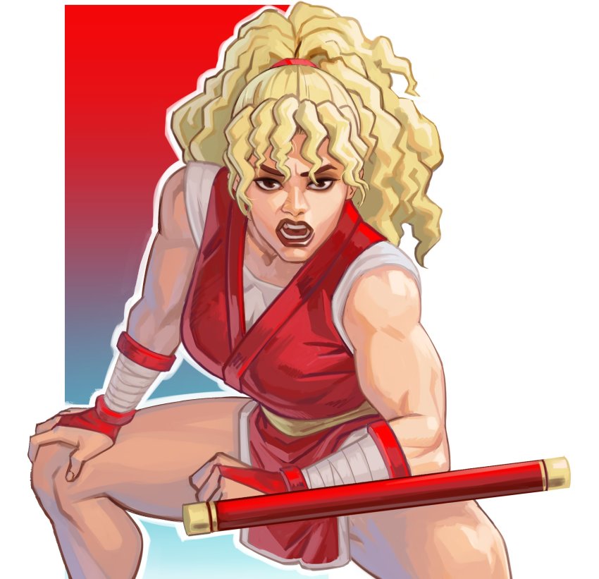 1girl bare_arms blonde_hair breasts bridal_gauntlets brown_eyes diepod final_fight genryuusai_maki gloves grabbing_another&#039;s_breast groping hand_on_own_knee highres lips long_hair ninja open_mouth pelvic_curtain ponytail solo tonfa weapon