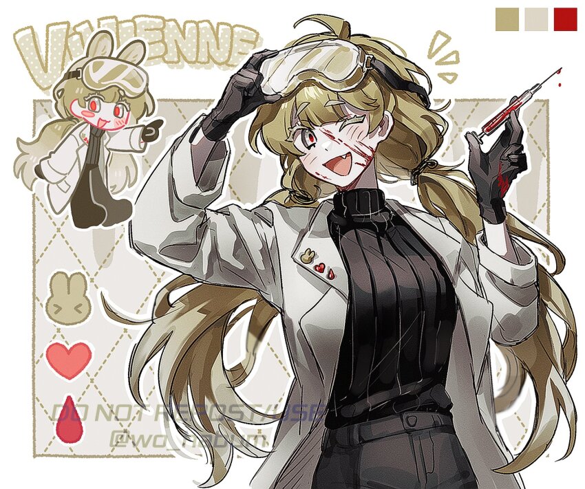1girl :d ahoge black_pants black_sweater blood blood_drop blood_on_face blood_splatter blunt_bangs breasts character_name chibi chibi_inset commentary_request cowboy_shot fang green_hair heart highres holding holding_syringe korean_commentary lab_coat low_twintails medium_breasts messy_hair notice_lines open_mouth original outside_border pants parted_bangs rabbit_pin red_eyes ribbed_sweater smile sweater syringe turtleneck turtleneck_sweater twintails wo_habum