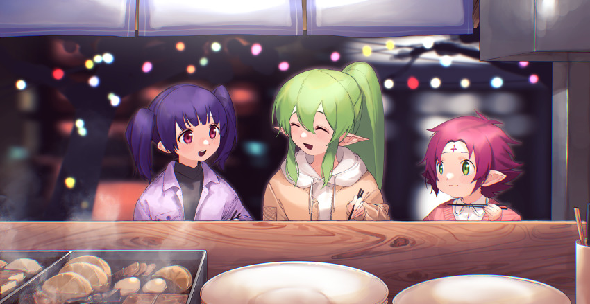3girls absurdres alternate_costume black_shirt blurry blurry_background bokeh casual chopsticks christmas_lights closed_eyes closed_mouth contemporary depth_of_field eating fae_(fire_emblem) female_focus fire_emblem fire_emblem:_mystery_of_the_emblem fire_emblem:_shadow_dragon fire_emblem:_the_binding_blade fire_emblem:_the_sacred_stones food food_stand green_hair highres holding holding_chopsticks jacket laughing long_hair looking_at_another multiple_girls myrrh_(fire_emblem) night nintendo noren oden open_mouth pale_skin pink_hair pink_sweater plate ponytail purple_hair purple_jacket red_eyes shirt steam sweater table talking tamayume tiki_(fire_emblem) twintails upper_body winter winter_clothes wooden_table yellow_jacket
