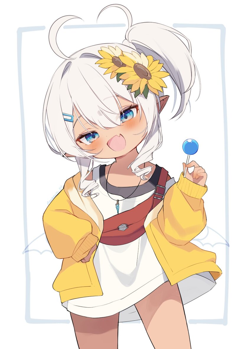 ahoge asagawa_mikan asagawa_mikan_(peachy_michi) bat_wings blue_eyes blush candy fang final_fantasy final_fantasy_xiv flower food hair_ornament hairclip highres jacket jewelry lollipop long_sleeves necklace open_clothes open_jacket pointy_ears skin_fang sunflower tan warrior_of_light_(ff14) white_hair wings yellow_jacket