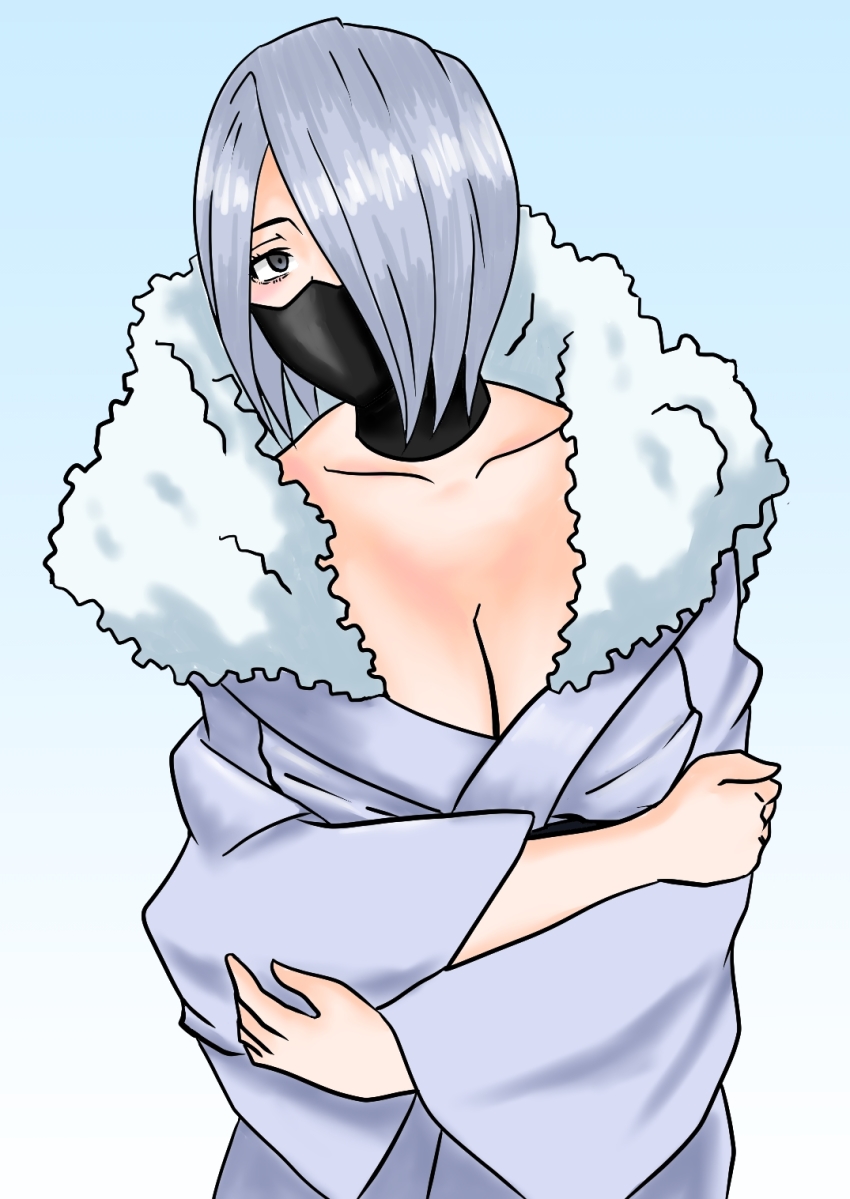 1girl artist_request asymmetrical_bangs black_mask black_sash boku_no_hero_academia breasts cleavage collarbone crossed_arms expressionless eyelashes female_focus fingernails fur_collar ghost_pose gradient_background grey_eyes grey_kimono hair_over_one_eye hands_up highres japanese_clothes kimono legs looking_at_viewer mask matching_hair/eyes medium_breasts medium_hair mouth_mask neck no_bra obi outstretched_arms sash shiny_clothes shiny_skin sidelocks silver_hair simple_background standing thighs traditional_clothes wide_sleeves yanagi_reiko