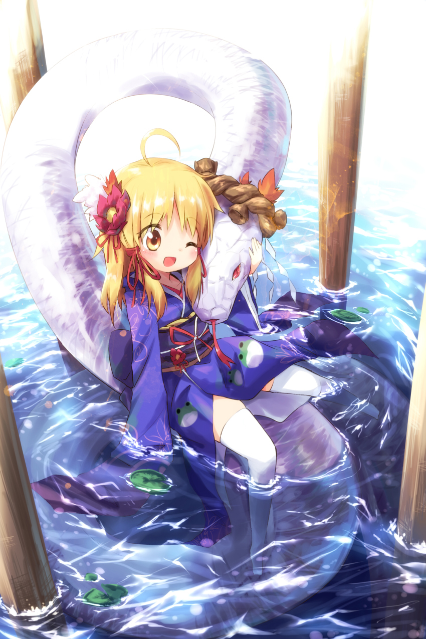 1girl ;d ahoge animal_print ayakashi_(monkeypanch) blonde_hair female_focus frog frog_print highres japanese_clothes kimono mishaguji moriya_suwako no_headwear no_headwear one_eye_closed open_mouth partially_submerged smile snake solo thighhighs touhou wet wet_clothes white_thighhighs wink yasaka_kanako yasaka_kanako_(snake) yellow_eyes