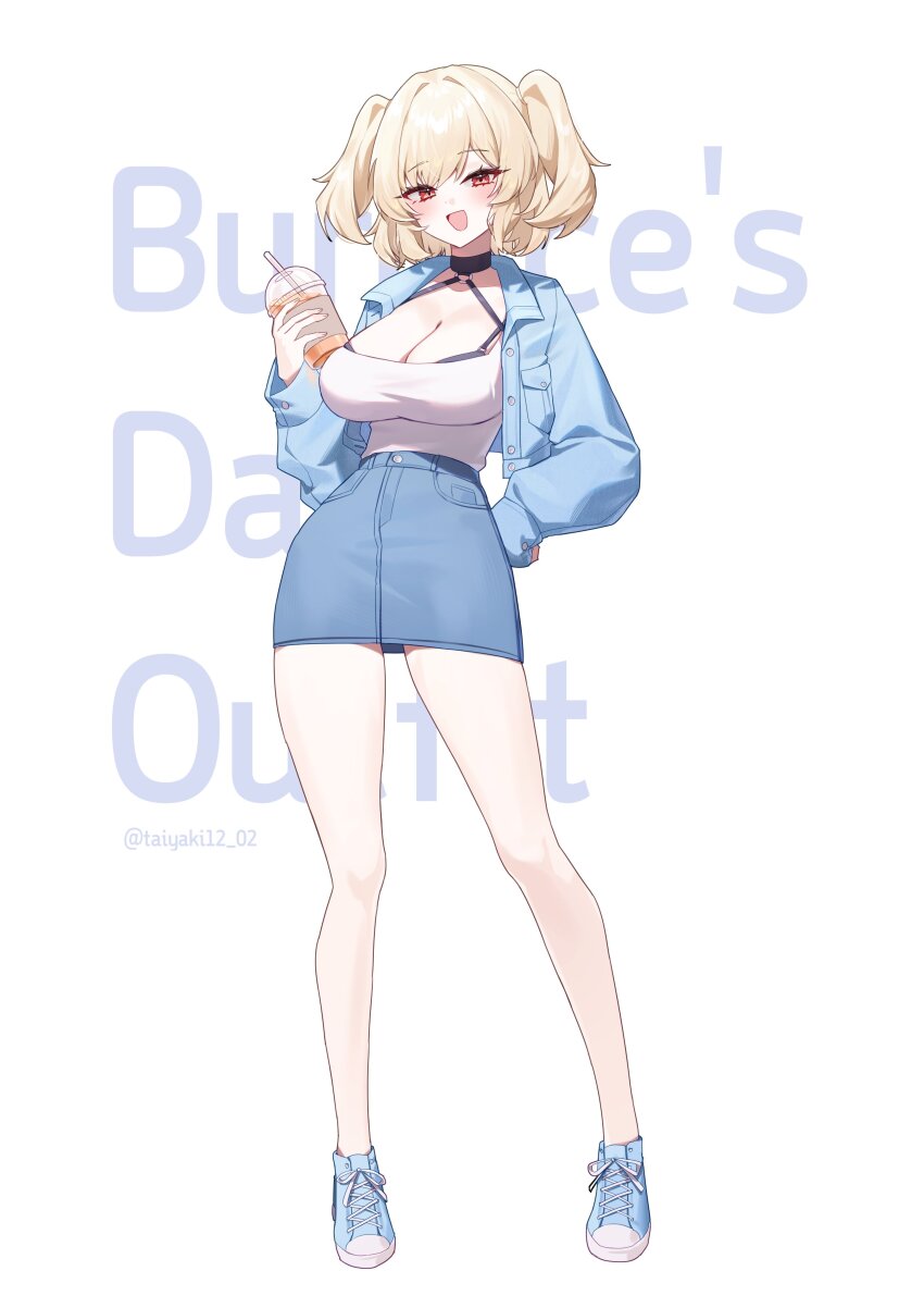 1girl absurdres alternate_costume blonde_hair blue_jacket blue_shoes blue_skirt breasts burnice_white casual character_name cleavage cup disposable_cup full_body hand_on_own_hip highres holding holding_cup jacket large_breasts long_sleeves looking_at_viewer medium_hair open_clothes open_jacket open_mouth red_eyes shirt shoes simple_background skirt smile standing taiyaki12 two_side_up white_background white_shirt zenless_zone_zero