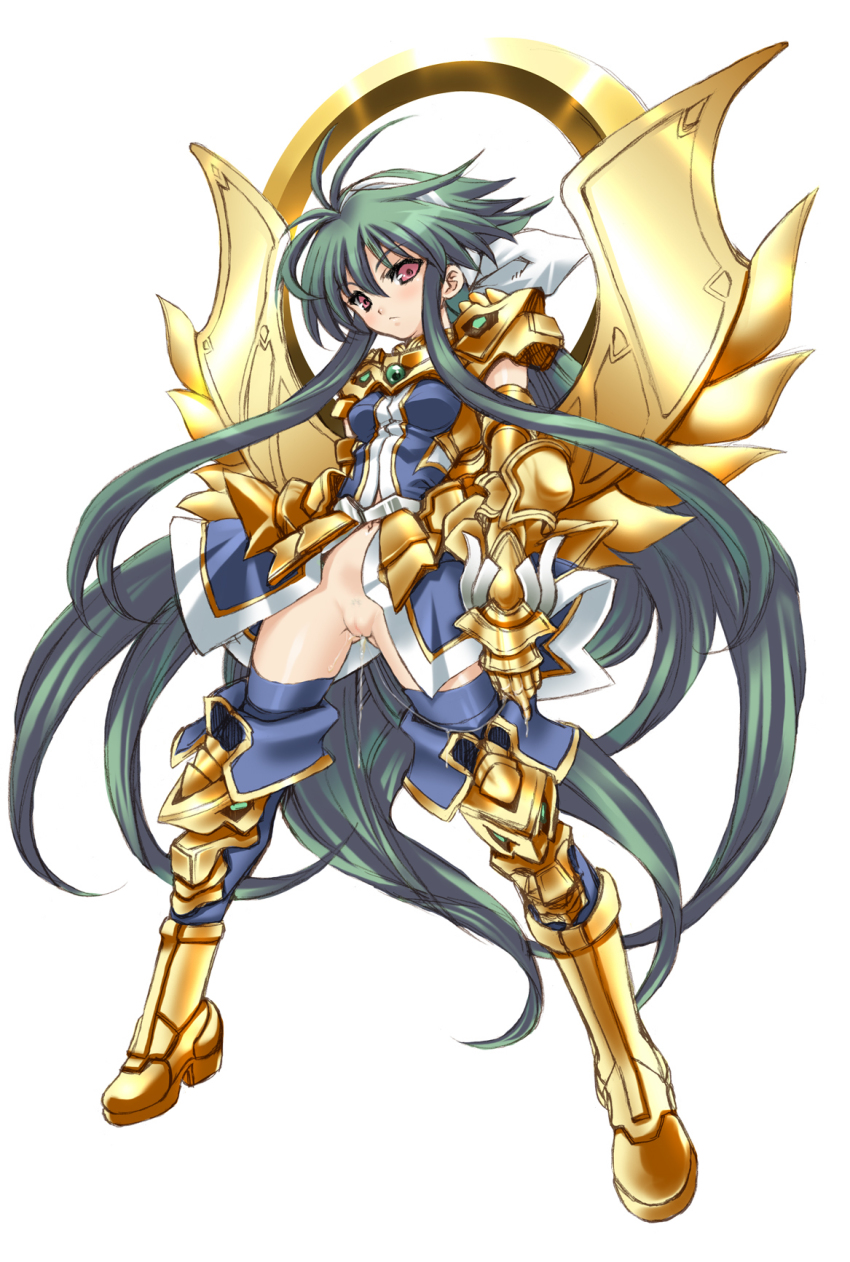 1girl armor blue_hair boots bottomless breasts cleft_of_venus dress elbow_gloves female_focus female_pubic_hair full_body gloves hairband highres long_hair navel no_panties pink_eyes polaris_(shinrabanshou) pubic_hair pussy pussy_juice sabadri shinrabanshou simple_background solo thigh_boots thighhighs uguisu_kagura white_background