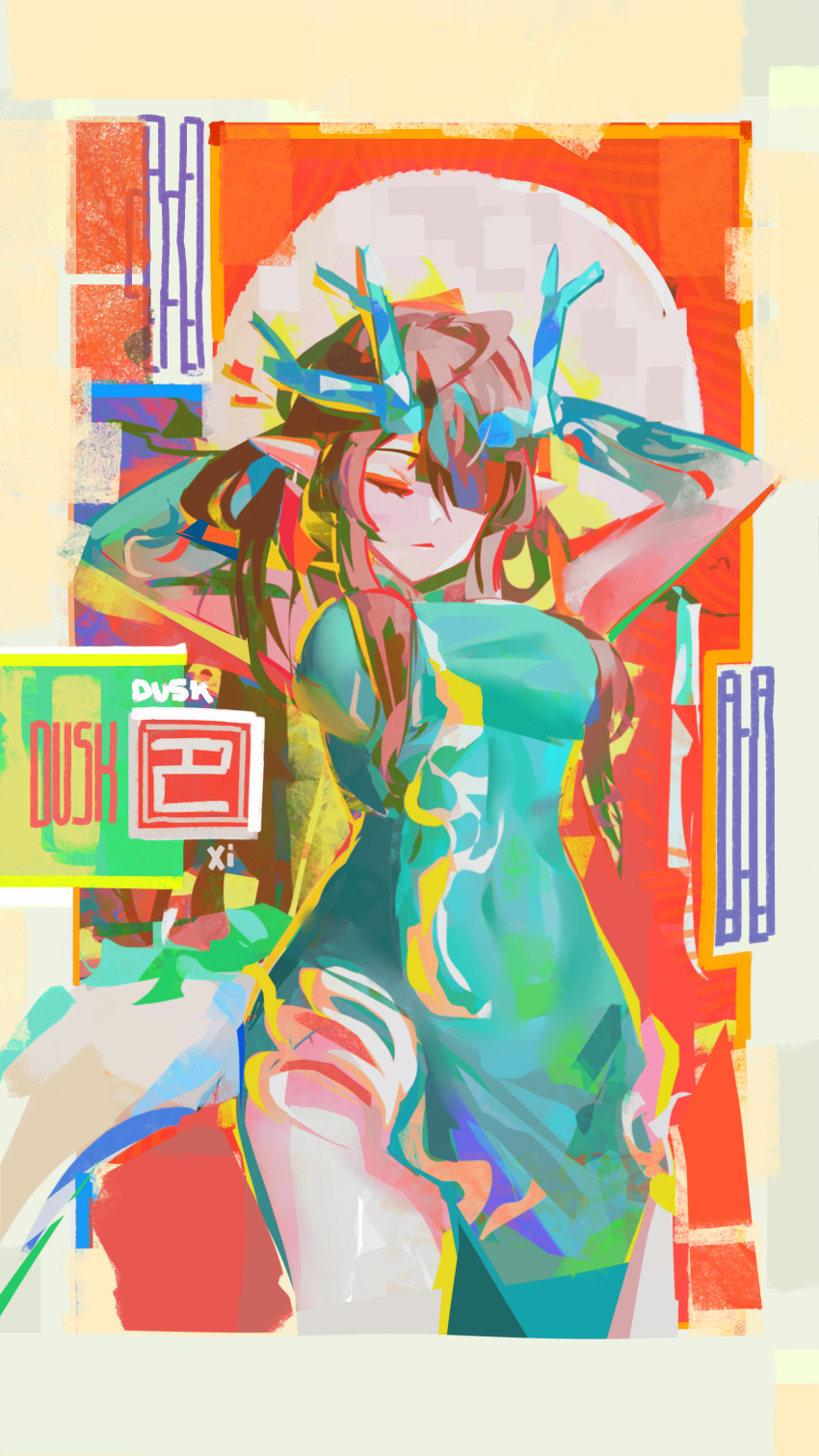 1girl absurdres arknights arms_behind_head arms_up brown_hair character_name china_dress chinese_clothes closed_eyes closed_mouth commentary covered_navel cropped_legs dragon_girl dragon_horns dress dusk_(arknights) dusk_(everything_is_a_miracle)_(arknights) english_commentary green_dress hair_over_one_eye highres horns long_hair nikov official_alternate_costume one_eye_covered pointy_ears sleeveless sleeveless_dress solo standing