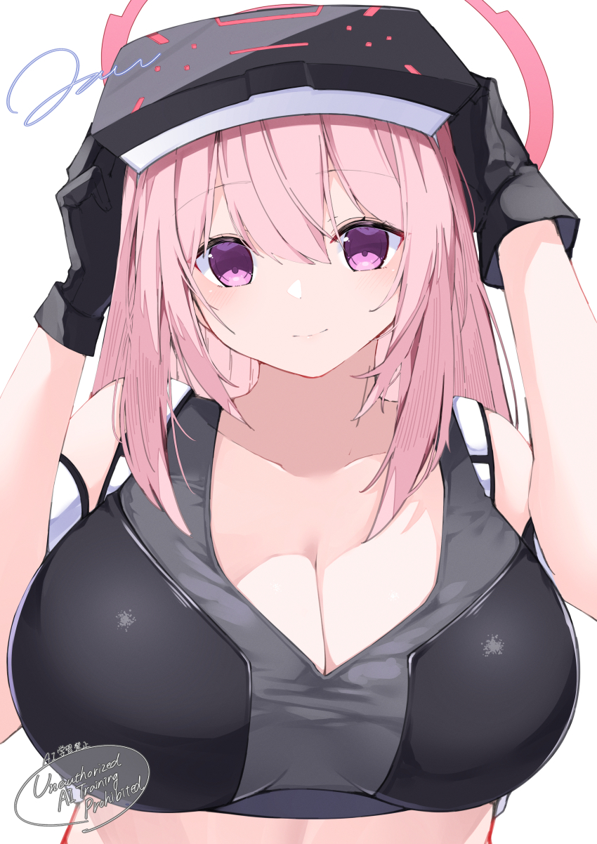 1girl absurdres adjusting_eyewear artist_name bare_shoulders black_gloves black_sports_bra blue_archive blush breasts cleavage closed_mouth collarbone eimi_(blue_archive) gloves halo highres huge_breasts jam_(jamjam777) long_hair looking_at_viewer pink_eyes pink_hair pink_halo simple_background singaporean_flag solo sports_bra white_background