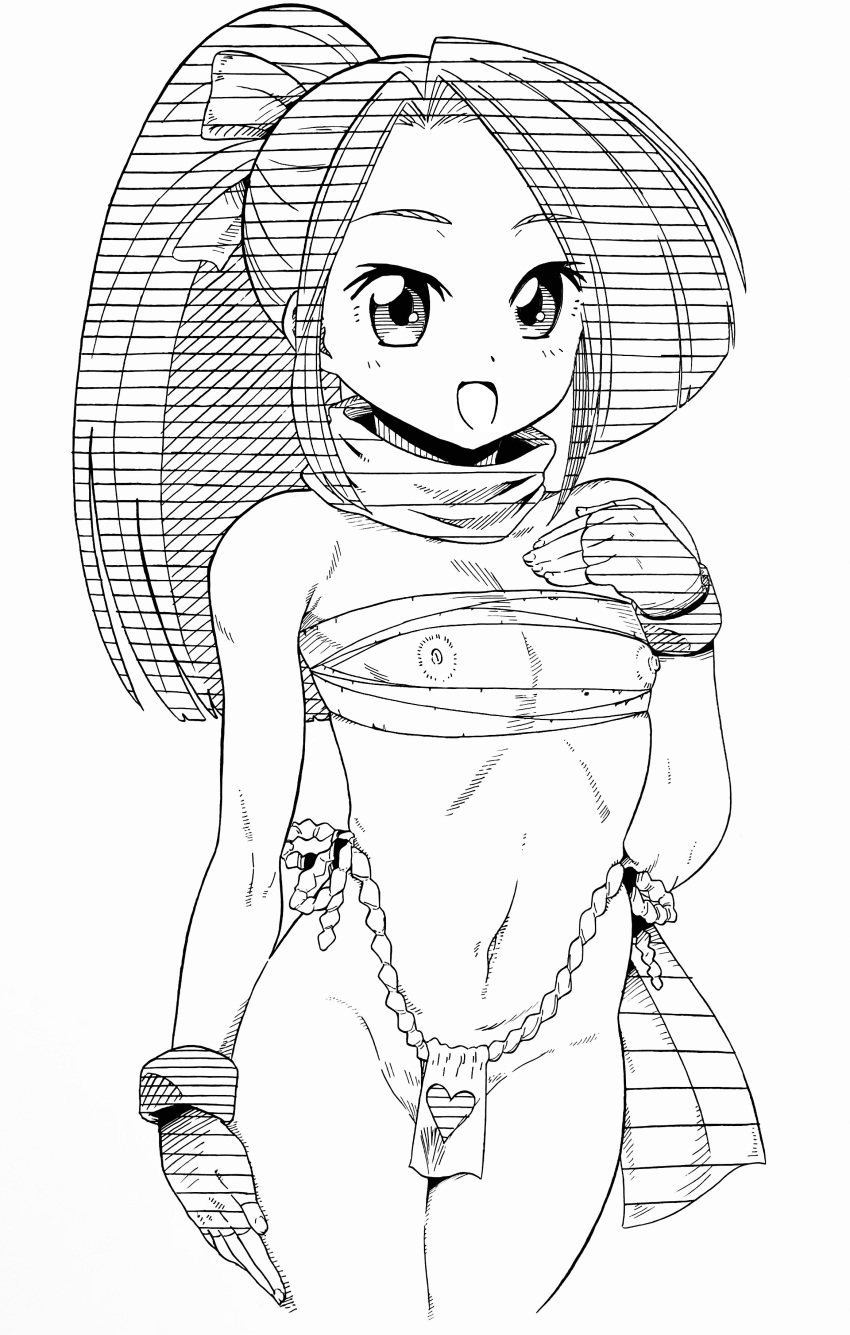 1girl absurdres flashing fujibayashi_suzu greyscale happy highres hokuto_(artist) hokuto_(tokuho) loincloth long_hair looking_at_viewer monochrome nipples ponytail solo suzu_fujibayashi tales_of_(series) tales_of_phantasia toned