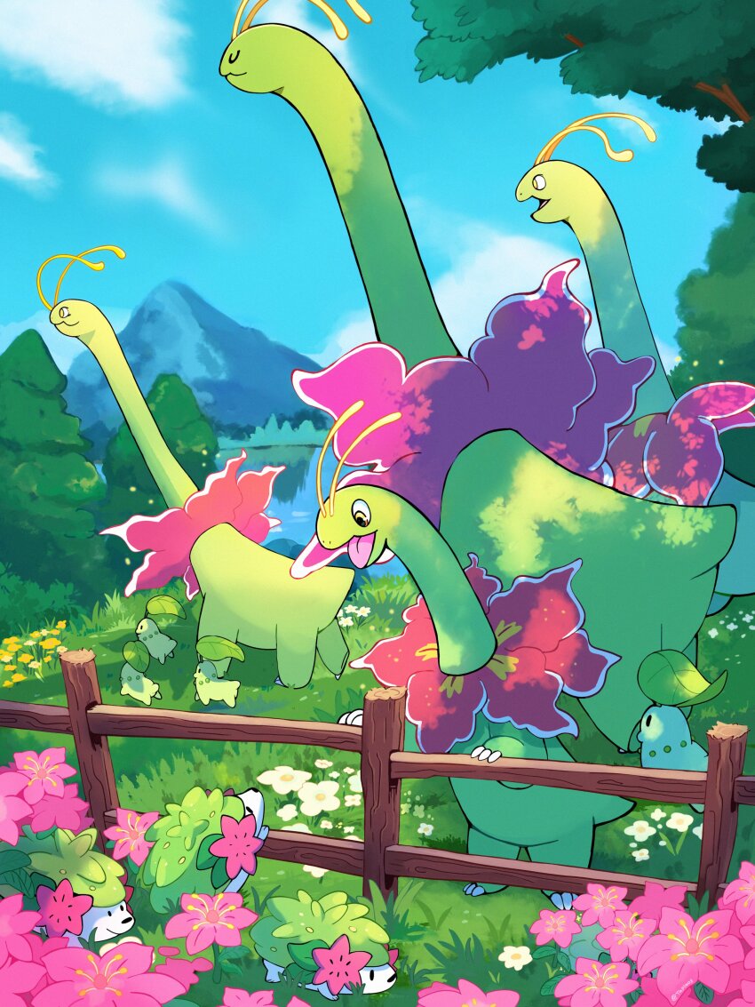 absurdres antennae blue_sky chikorita colored_skin day fence flower gen_2_pokemon gen_4_pokemon grass green_skin highres leaf legendary_pokemon meganium mythical_pokemon nintendo no_humans open_mouth outdoors pink_flower pokemon pokemon_(creature) shaymin shaymin_(land) sky taplaos tree wooden_fence