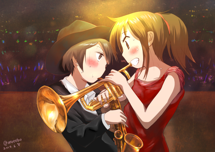 2girls blush_stickers concert euphonium hasegawa_fumi instrument multiple_girls okano_kei orchestra rainydayjp sign tuxedo yuri yuyushiki