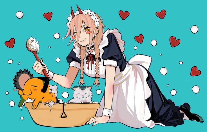 1girl bathing black_nails blue_background braid cat chainsaw_man demon_girl demon_horns dog heart holding holding_brush horns kneeling looking_at_viewer maid meowy_(chainsaw_man) orange_hair pochita_(chainsaw_man) power_(chainsaw_man) relaxing sailen0 soap twin_braids