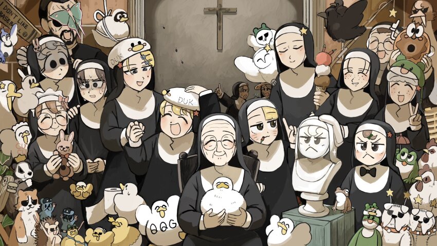1boy 6+girls :d bird black_bow black_bowtie black_eyes black_hair blonde_hair blue_eyes blue_jay bow bowtie brown_eyes brown_hair bunny_nun_(diva) chicken closed_eyes clumsy_nun_(diva) commentary cricket_bat cross crow diva_(hyxpk) duck duck_hat duckling english_commentary everyone facial_hair father_(diva) food freckles freckles_nun_(diva) frog frog_hat frog_headband froggy_nun_(diva) glasses glasses_nun_(diva) goose grey_hair habit hair_ornament hat hedgehog highres hungry_nun_(diva) ice_cream leaf_nun_(diva) little_nuns_(diva) mother_superior_(diva) mouse_(animal) multiple_girls nausea nervous_sweating nun open_mouth ostrich owl pancake_nun_(diva) rabbit_hair_ornament red_star round_eyewear sculpture shaded_face sheep_nun_(diva) smile smug_nun_(diva) soft_serve spicy_nun_(diva) star_(symbol) star_nun_(diva) star_ornament strict_nun_(diva) sunglasses sweat toilet_paper traditional_nun turn_pale v