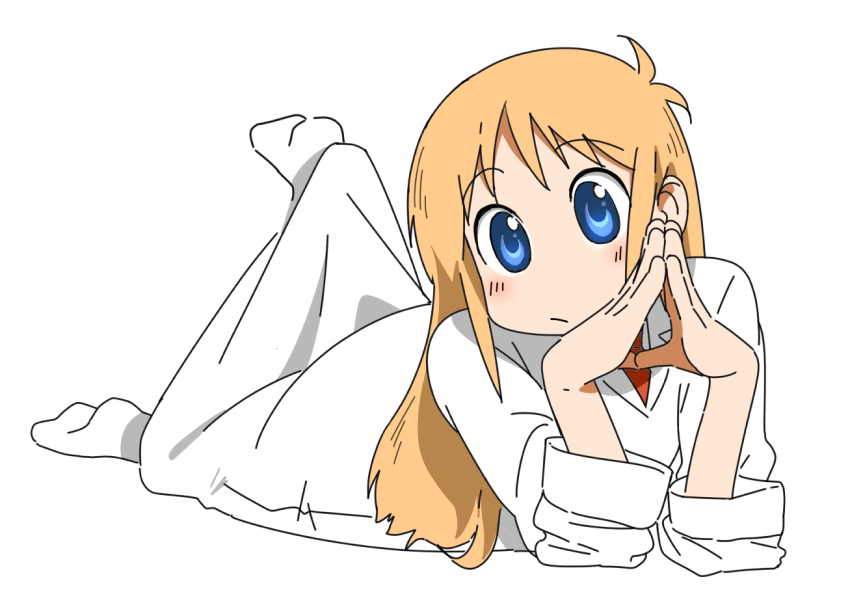 1girl antenna_hair arawi_keiichi_(style) blue_eyes closed_lab_coat closed_mouth foot_up full_body lab_coat long_hair looking_at_viewer lying nakakiwaz necktie nichijou on_stomach orange_hair own_hands_together professor_shinonome raised_eyebrows red_necktie simple_background socks solo steepled_fingers the_pose white_background white_socks