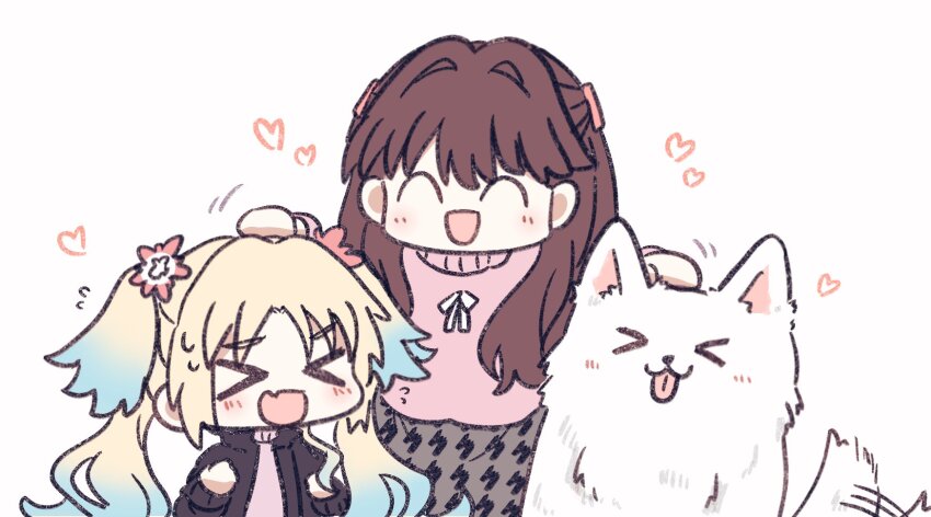 &gt;_&lt; 2girls :3 :d ^_^ alternate_costume animal black_jacket blonde_hair blue_hair brown_hair casual chibi closed_eyes commentary_request deformed dog fang flower flying_sweatdrops fujishima_megumi gradient_hair grey_skirt hair_flower hair_intakes hair_ornament hand_on_another&#039;s_head harino_(love_live!) headpat heart highres jacket light_blue_hair link!_like!_love_live! long_hair long_sleeves love_live! mira-cra_park! motion_lines multicolored_hair multiple_girls open_clothes open_jacket open_mouth osawa_rurino parted_bangs pink_flower pink_sweater skin_fang skirt smile sweater tail tail_wagging tongue tongue_out twintails two_side_up virtual_youtuber watage_modoki white_background x3 xd
