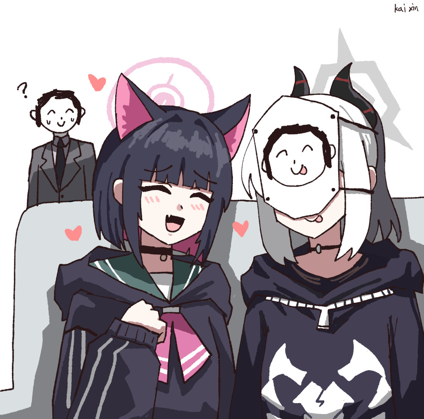 1boy 2girls ? absurdres animal_ears artist_name black_choker black_hair black_hoodie blue_archive cat_ears choker colored_inner_animal_ears colored_inner_hair demon_horns doodle_sensei_(blue_archive) extra_ears green_sailor_collar halo heart highres hood hood_down hoodie horns kai_xin kayoko_(blue_archive) kazusa_(blue_archive) long_hair long_sleeves mask multicolored_hair multiple_girls open_mouth pink_hair pink_halo sailor_collar sensei_(blue_archive) short_hair simple_background smile tongue tongue_out two-tone_hair upper_body white_background white_hair
