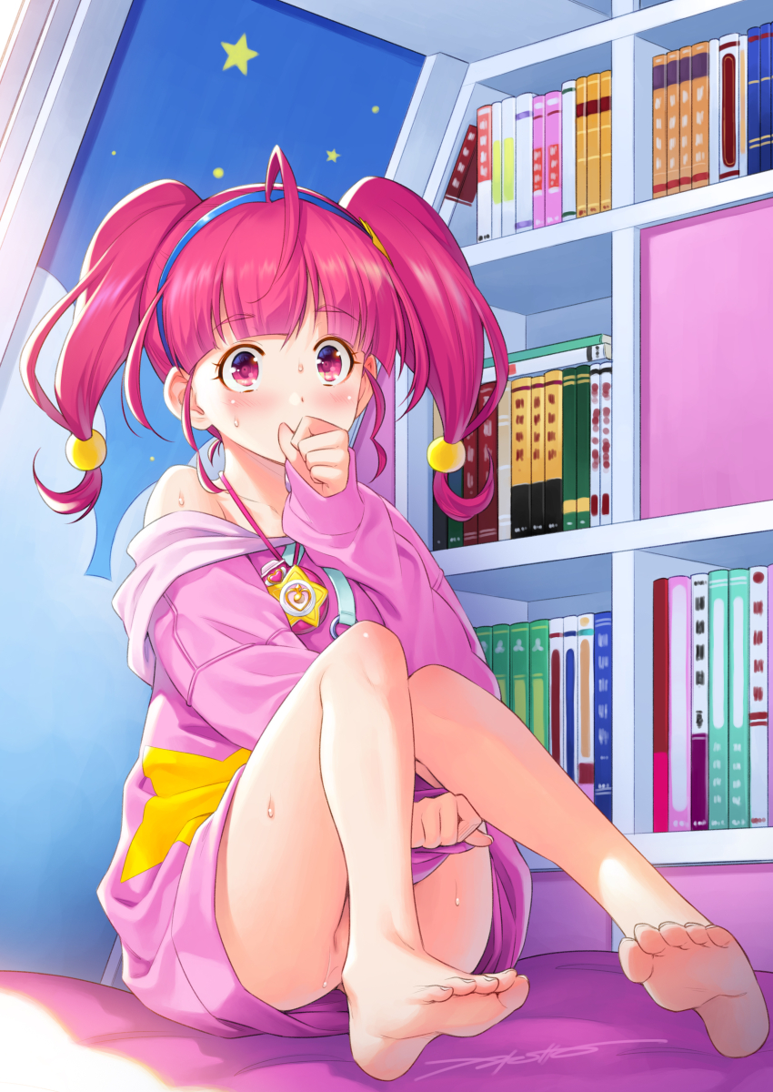 1girl absurdres ahoge barefoot blue_hairband blunt_bangs blush book commentary covering_own_mouth feet foreshortening full_body hairband highres hoshina_hikaru indoors jewelry kazuma_muramasa legs library long_sleeves looking_at_viewer medium_hair no_panties off_shoulder pendant pink_eyes pink_hair precure signature sitting soles solo star_(symbol) star_twinkle_precure sweat toes twintails