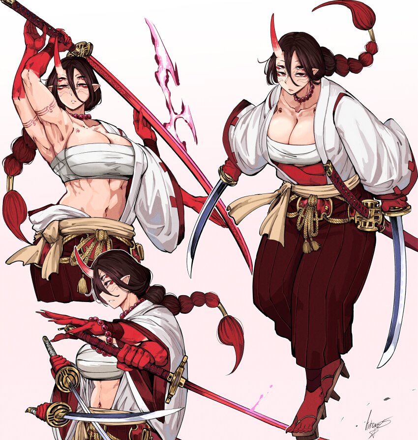 1girl abs absurdres antares_topaz black_hair braid braided_ponytail breasts cleavage collarbone extra_arms extra_eyes gradient_hair hair_between_eyes highres holding holding_sword holding_weapon horns japanese_clothes katana large_breasts long_hair long_sleeves looking_at_viewer multicolored_hair multiple_views muscular muscular_female navel orange_eyes pointy_ears ponytail red_hair sash scorpio_(antares_topaz) sheath simple_background solo star_linker streaked_hair sword two-tone_hair weapon white_background wide_sleeves