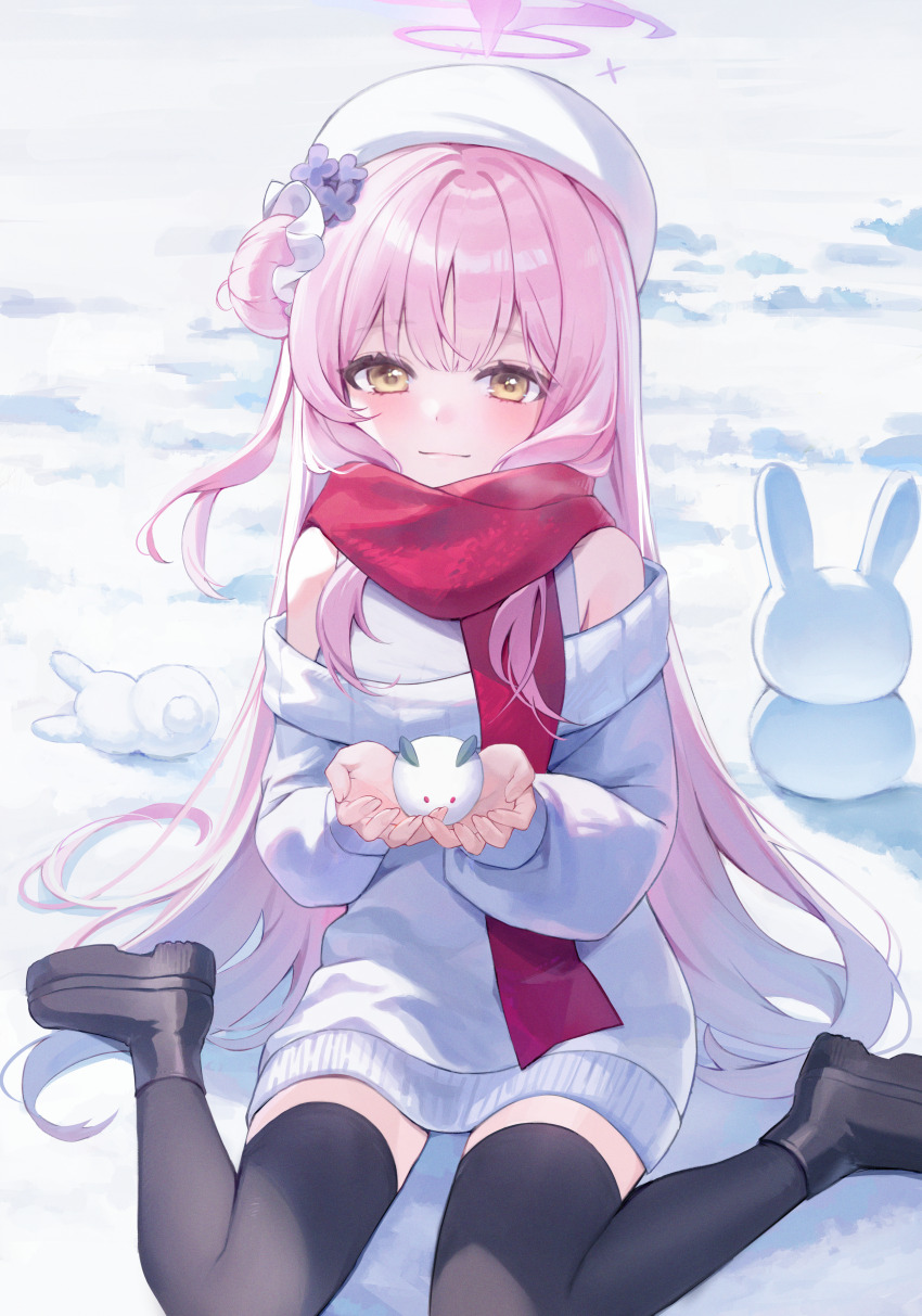 1girl absurdres alternate_costume bare_shoulders black_boots black_thighhighs blue_archive blush boots chaerom closed_mouth commentary hair_bun halo highres long_hair mika_(blue_archive) off-shoulder_sweater off_shoulder pink_hair pink_halo red_scarf scarf single_side_bun sitting smile snow snow_rabbit solo sweater thighhighs wariza white_sweater yellow_eyes