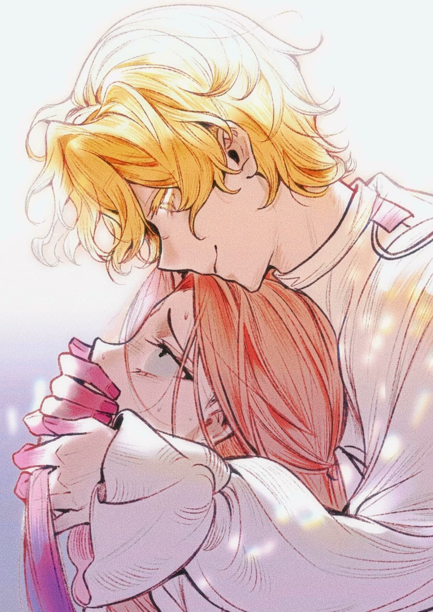1boy 1girl alien_stage blonde_hair fugangyiyongzuowanyouyawotoufa hand_on_another&#039;s_mouth highres hug long_hair luka_(alien_stage) mizi_(alien_stage) pink_hair short_hair smile sweat white_background